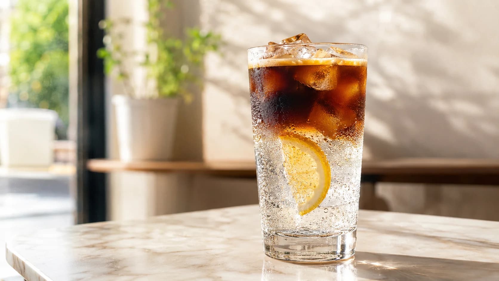 Layered espresso tonic with ice, citrus, and sparkling tonic water