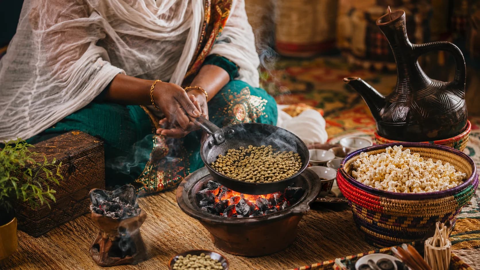 Green coffee beans roasting over charcoal during an Ethiopian coffee ceremony