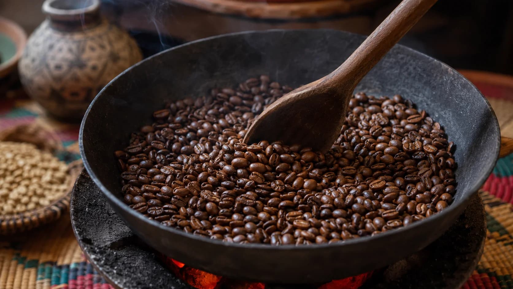 Freshly roasted coffee beans stirred in a pan for Ethiopian coffee