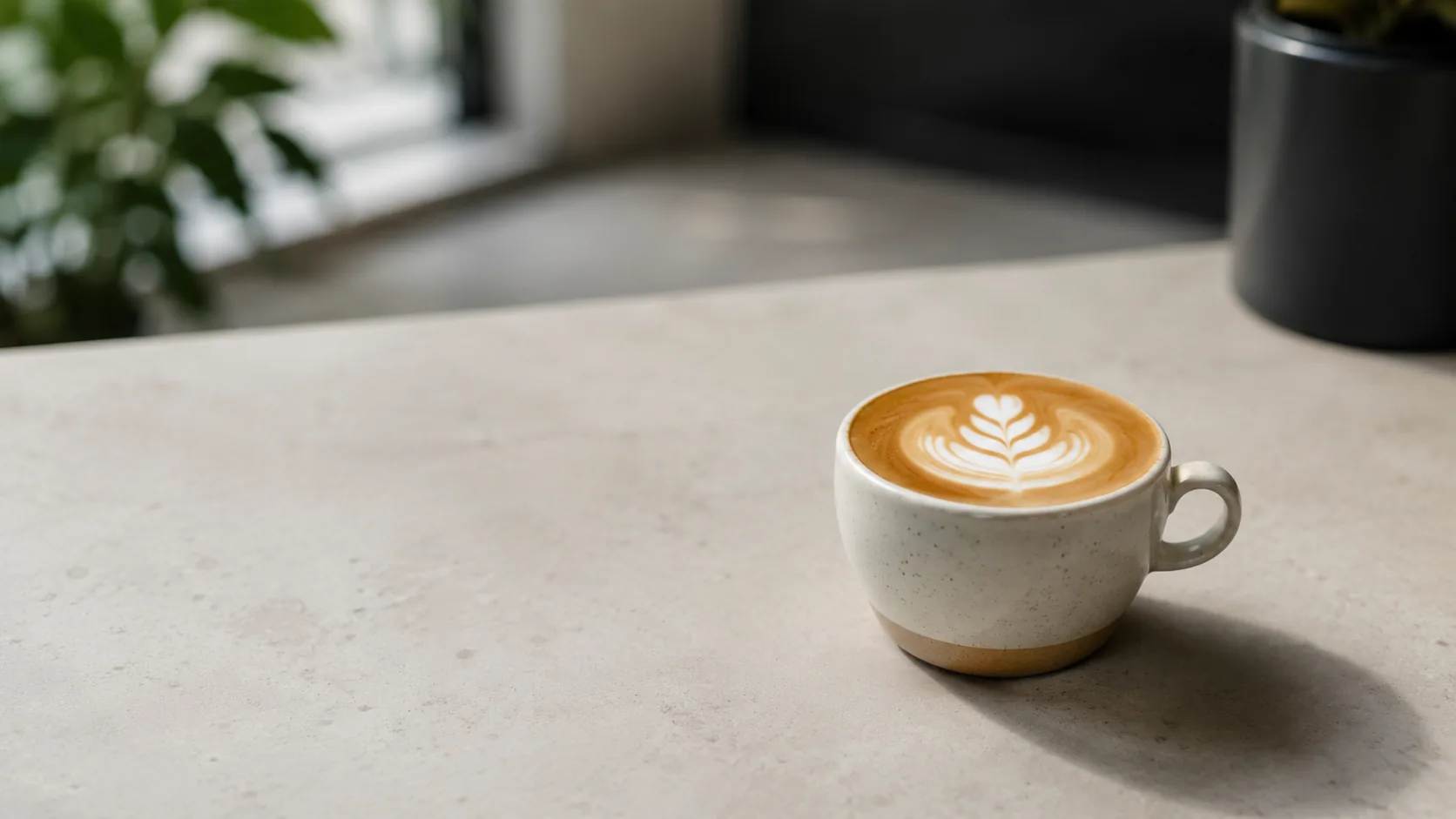 Flat white coffee with latte art in a small ceramic cup on a cafe counter
