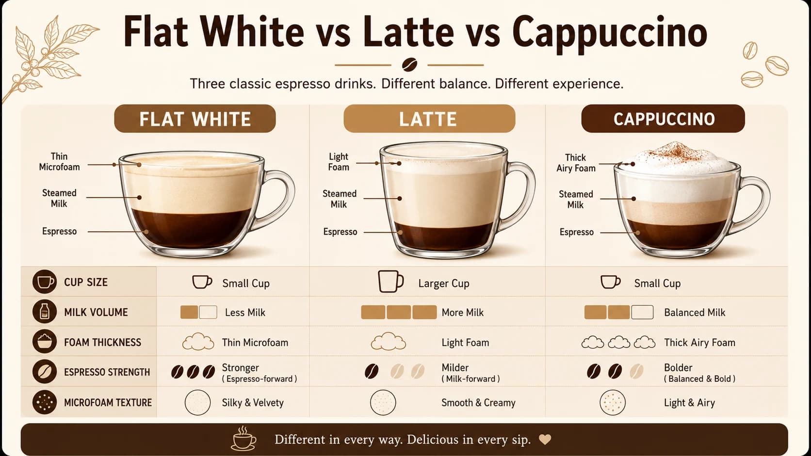 Flat white vs latte vs cappuccino infographic comparing cup size, milk volume, foam thickness, espresso strength, and microfoam texture