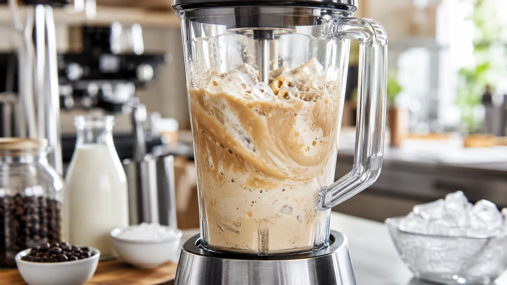 Chilled espresso, milk, syrup and ice blending into a café-style coffee frappé