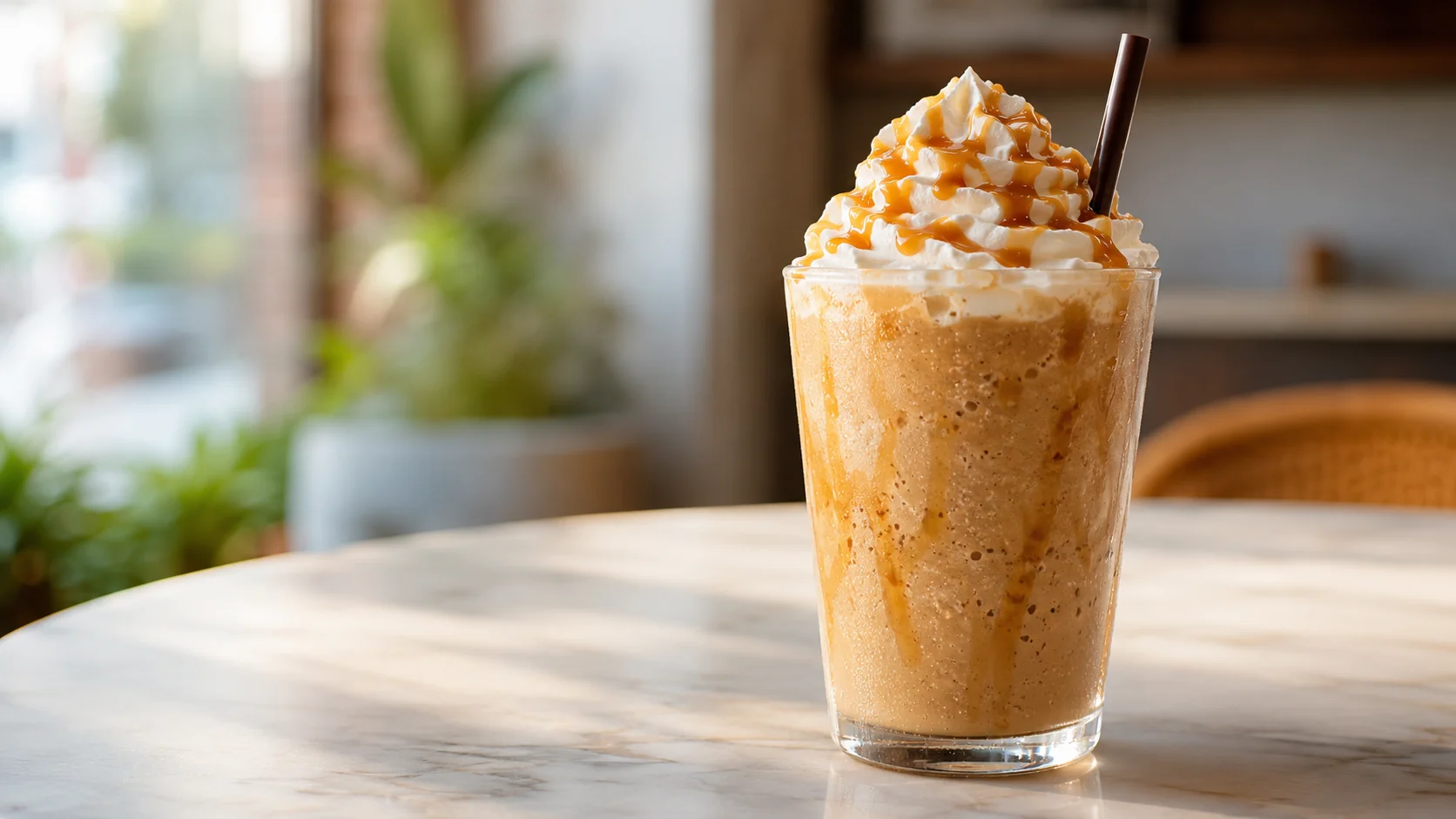 Blended coffee frappé topped with optional whipped cream and caramel