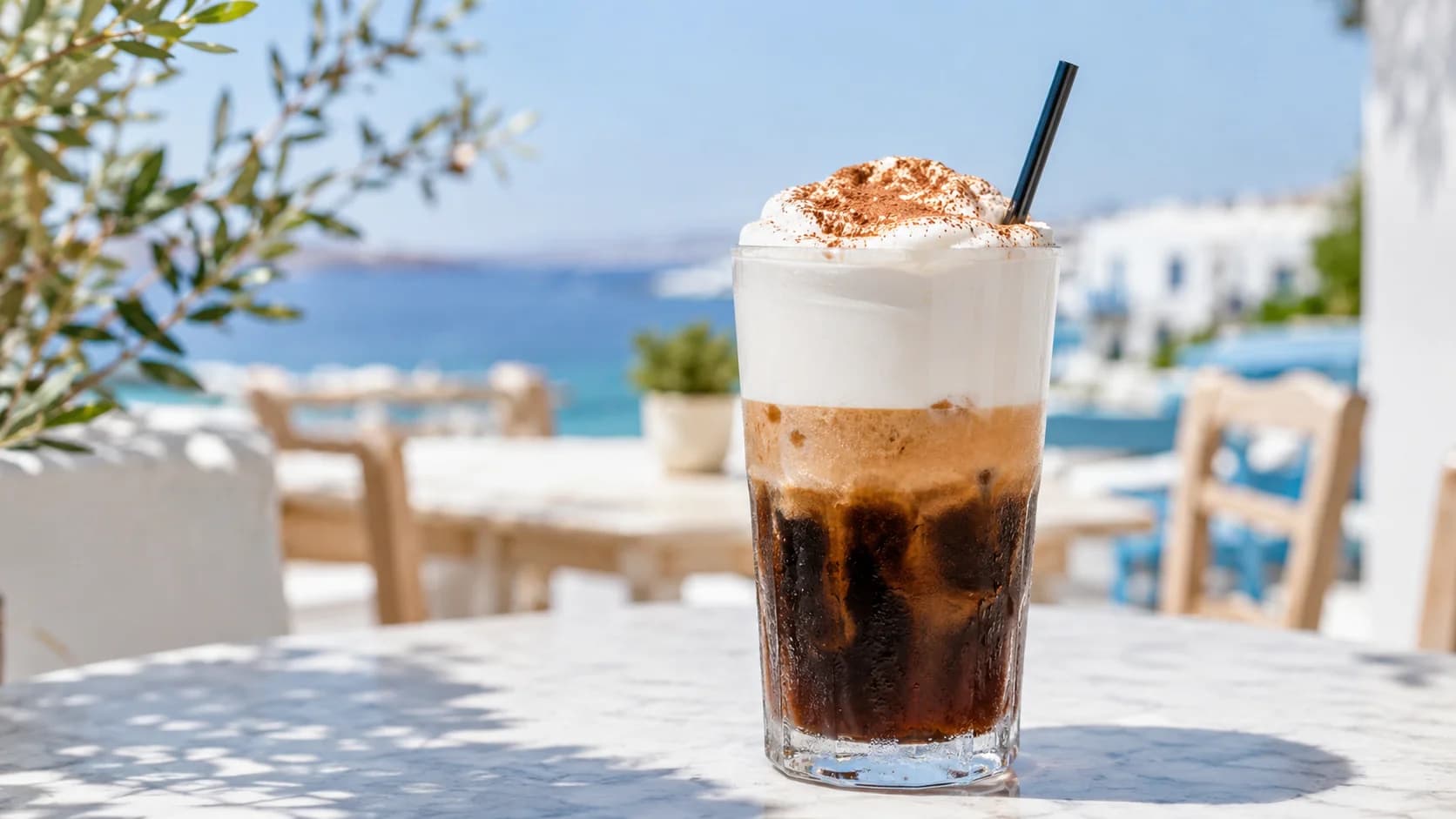 Freddo cappuccino with chilled espresso over ice and a cold milk-foam cap
