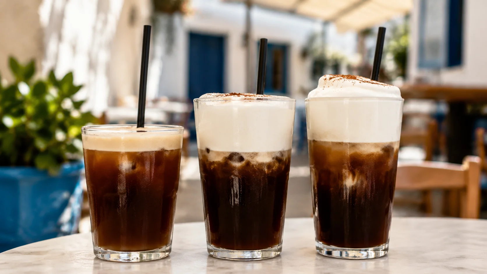 Three freddo cappuccino foam levels showing how cold milk texture can vary