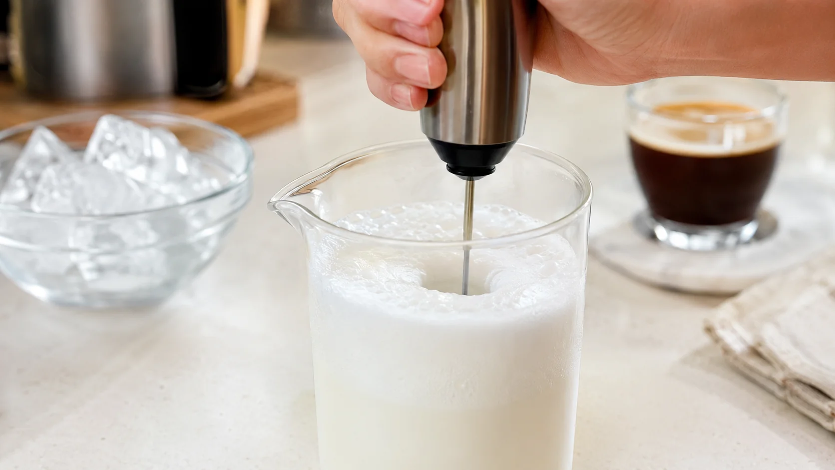 Very cold milk being frothed separately for a freddo cappuccino foam cap
