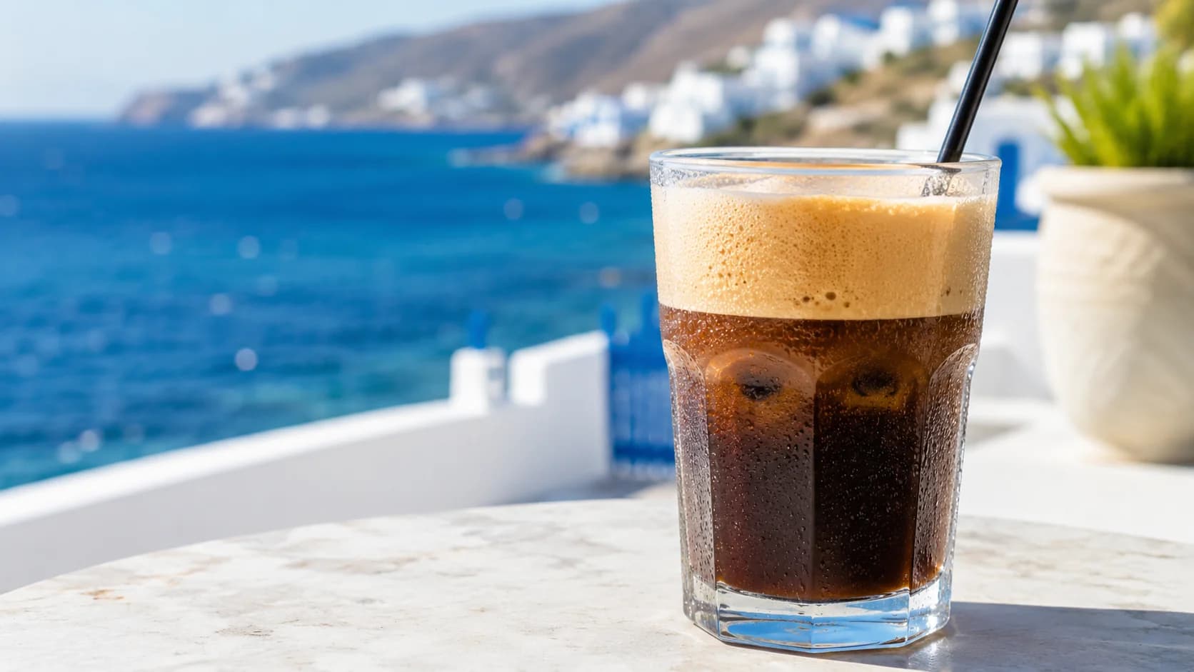Greek freddo espresso with a light aerated foam layer served over fresh ice