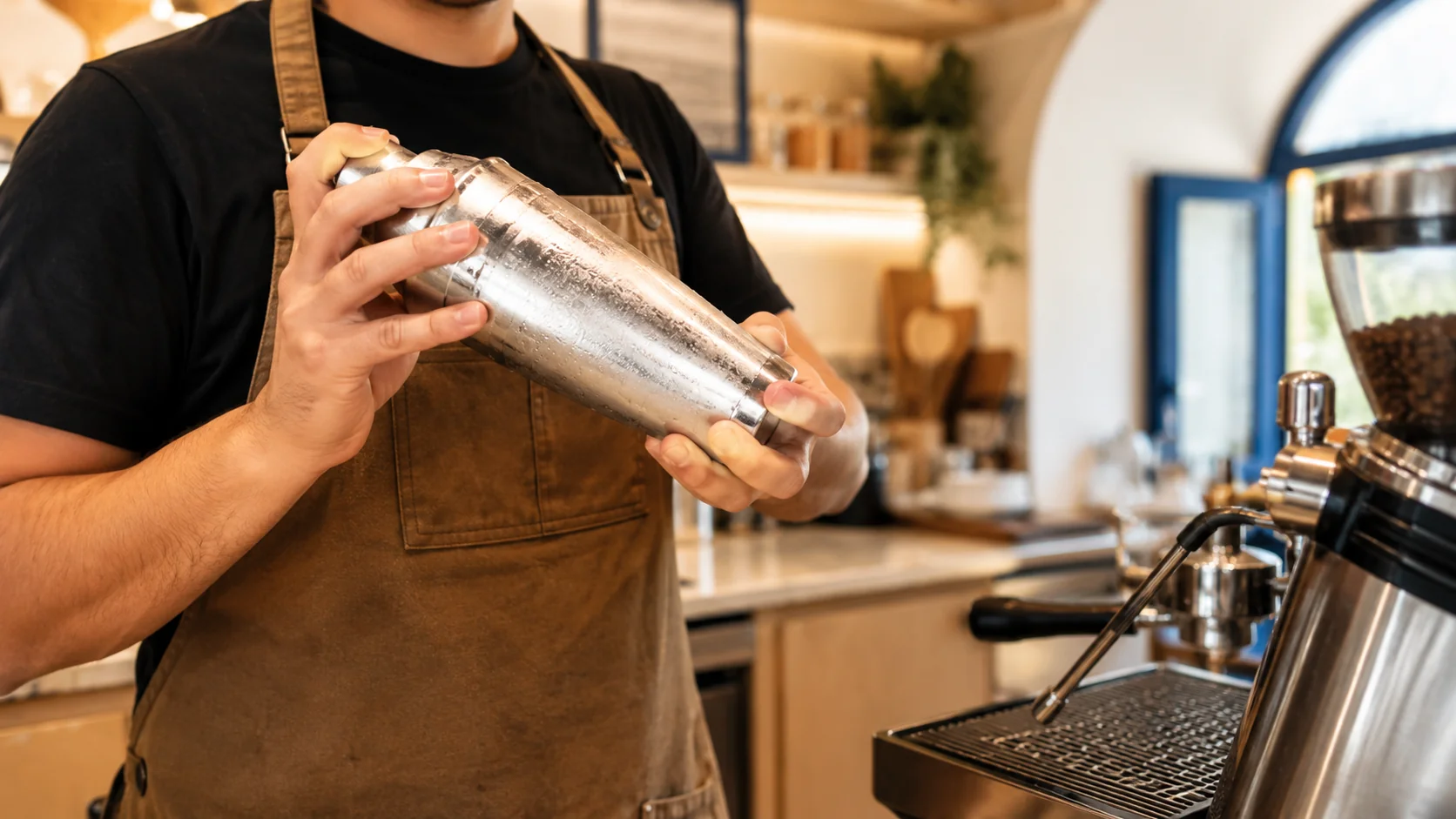 Barista aerating espresso with measured ice for Greek freddo espresso
