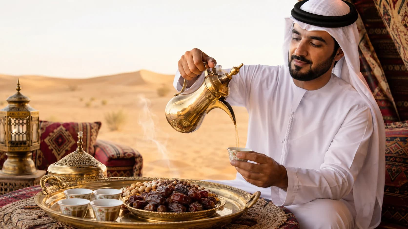 Gahwa being poured from a brass dallah in a desert tent with dates