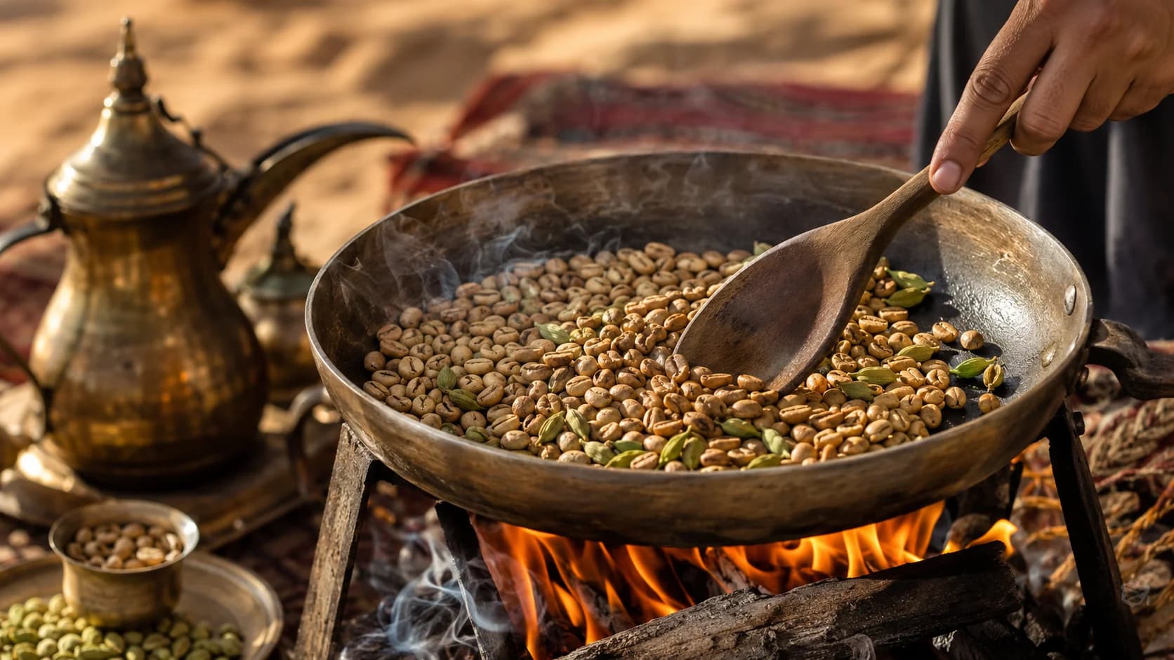 Light roasted coffee beans and cardamom pods being toasted for gahwa