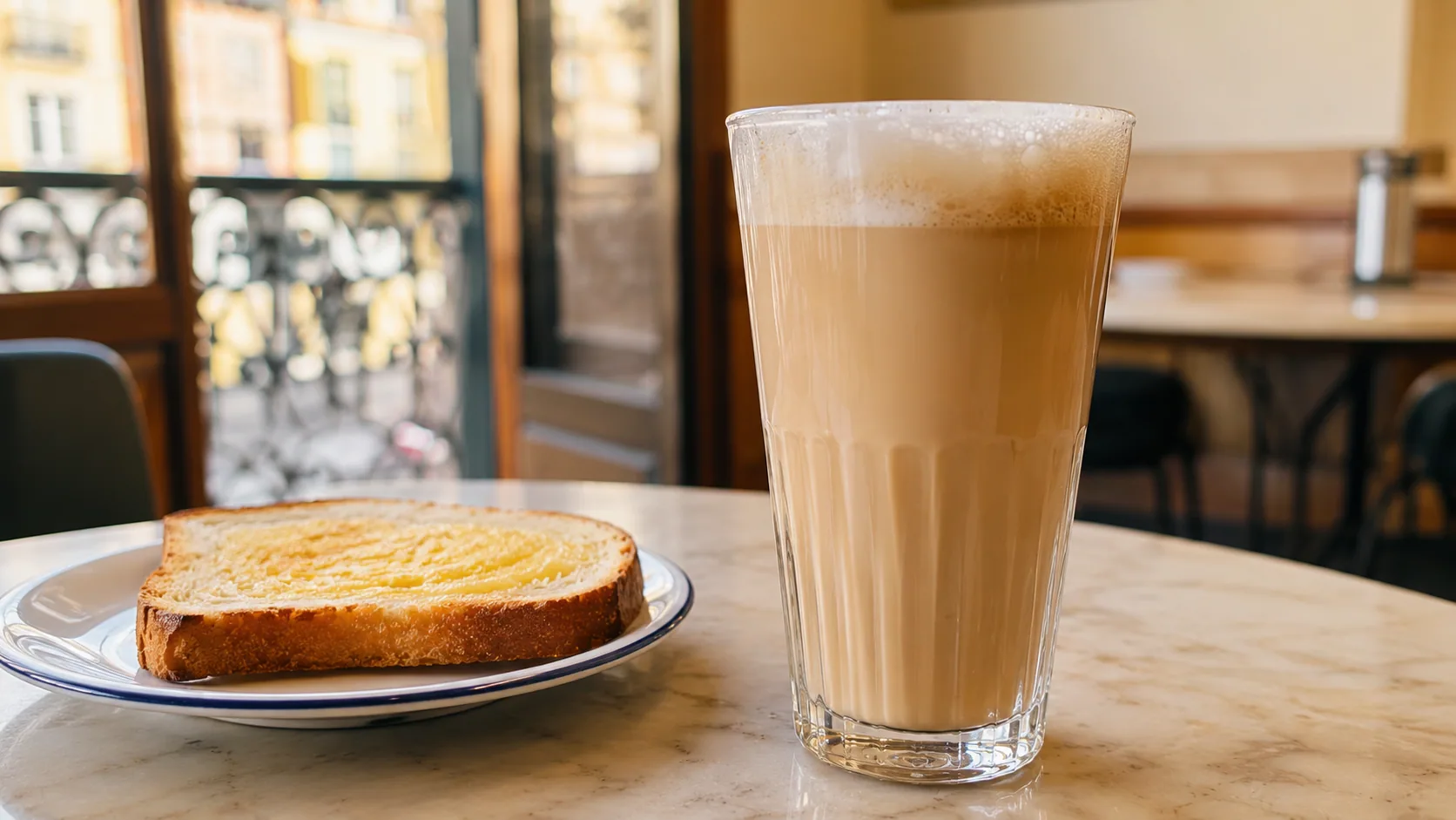 Galão coffee in a tall glass served with toast in a Portuguese café setting
