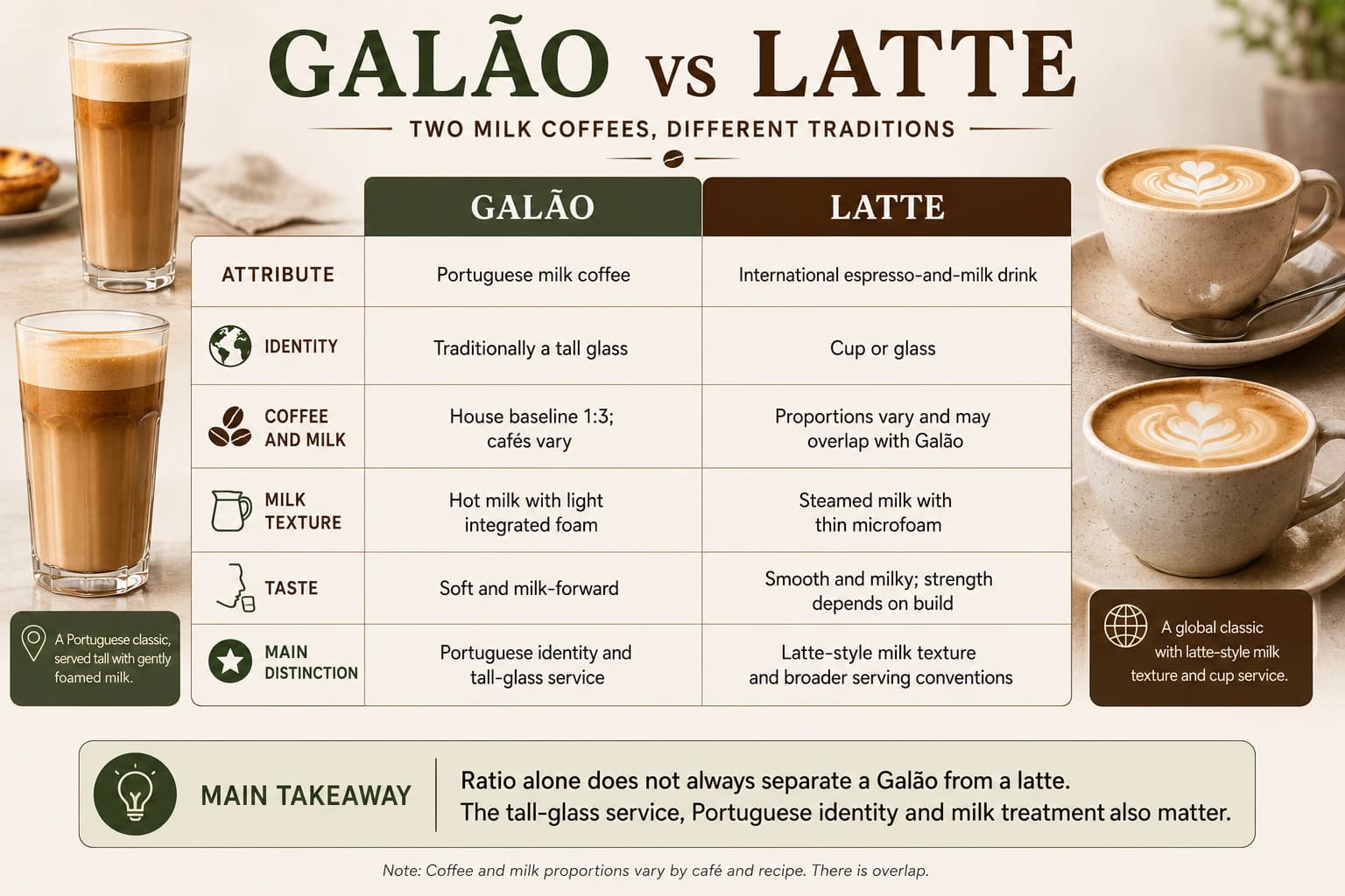 Galão versus latte comparison chart covering origin, serving glass, espresso-to-milk balance, milk texture, and taste