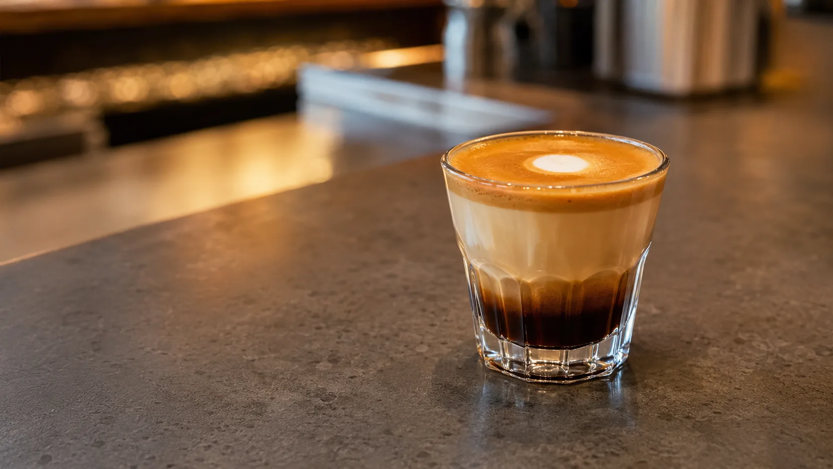 Gibraltar coffee served in a faceted glass with espresso and steamed milk layers