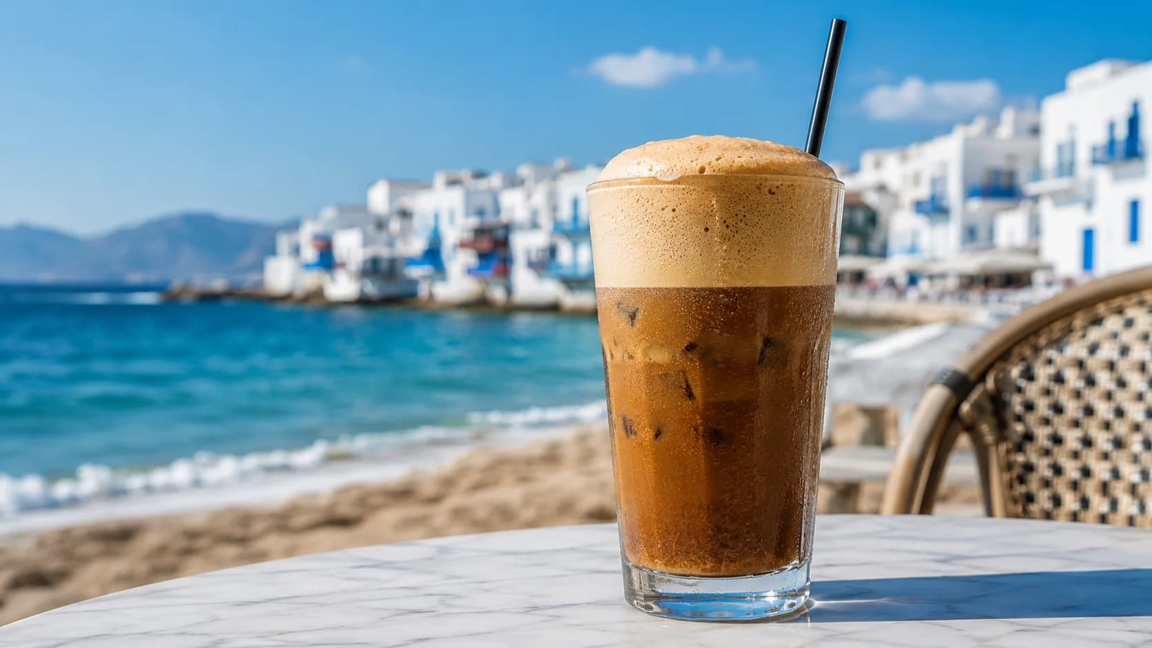 Greek frappé with a thick instant-coffee foam cap served over ice