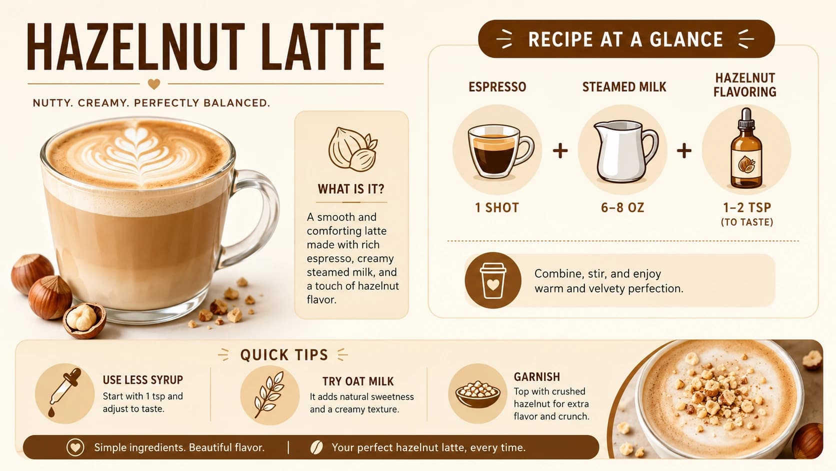 Hazelnut latte ingredient guide with espresso, steamed milk and measured hazelnut syrup