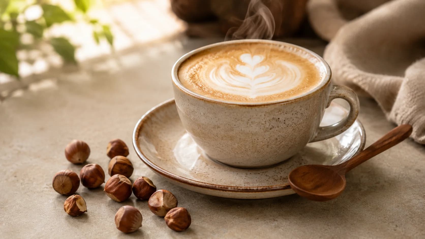 Finished hazelnut latte styled with roasted hazelnuts beside the cup