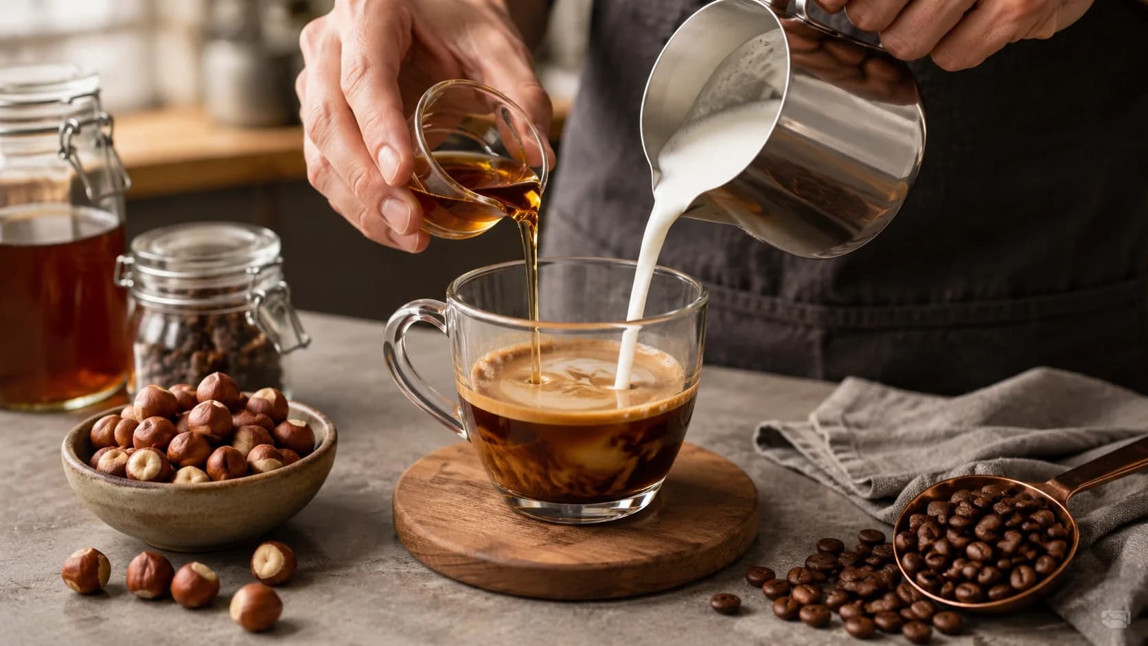 Hazelnut syrup being mixed with fresh espresso before steamed milk is poured