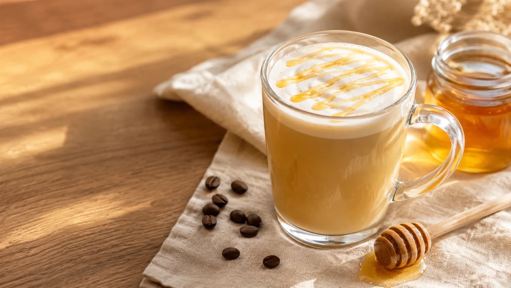 Honey latte with steamed milk and a light drizzle counted within the measured honey dose