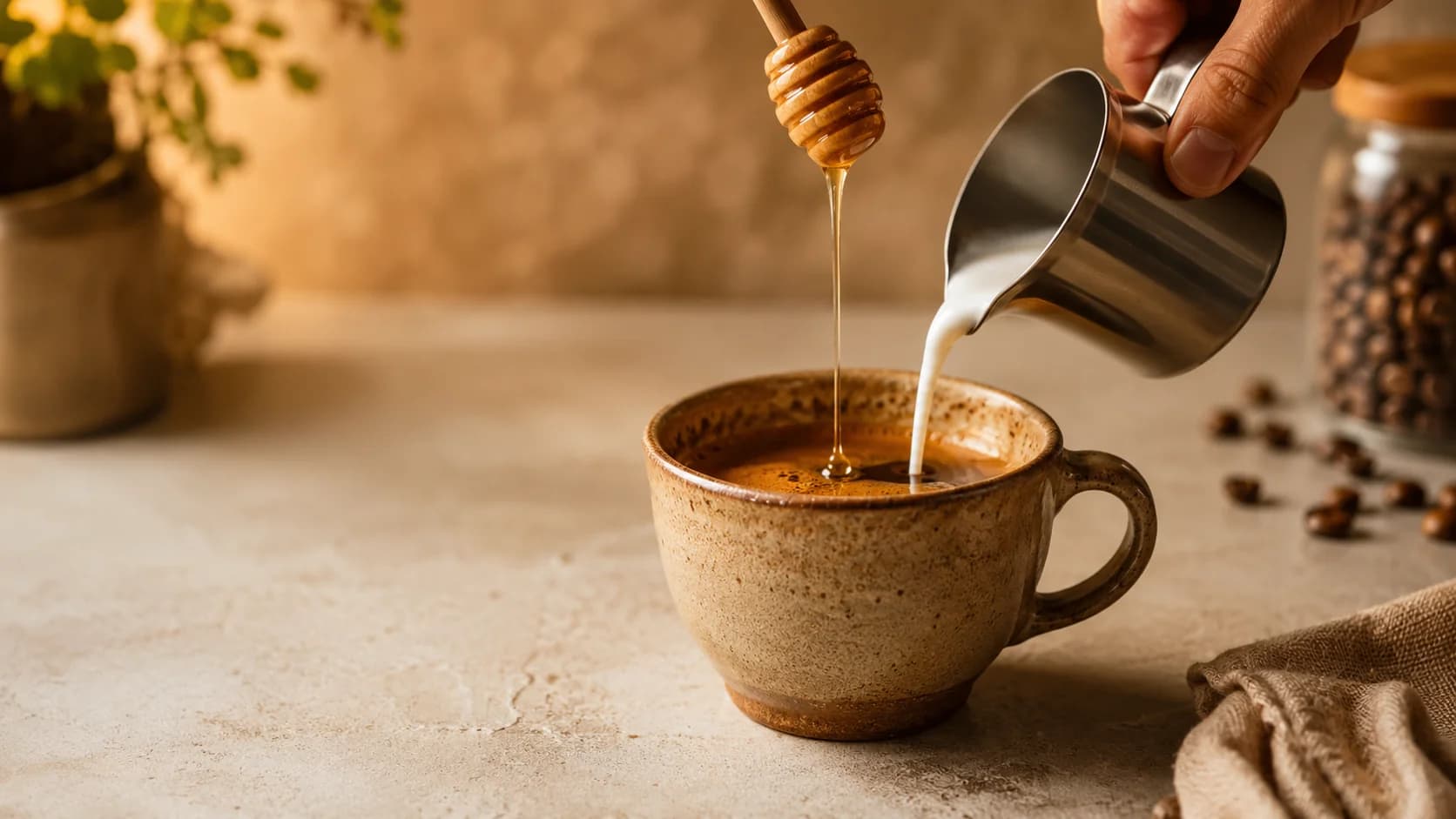 Honey being mixed with fresh espresso before steamed milk is poured