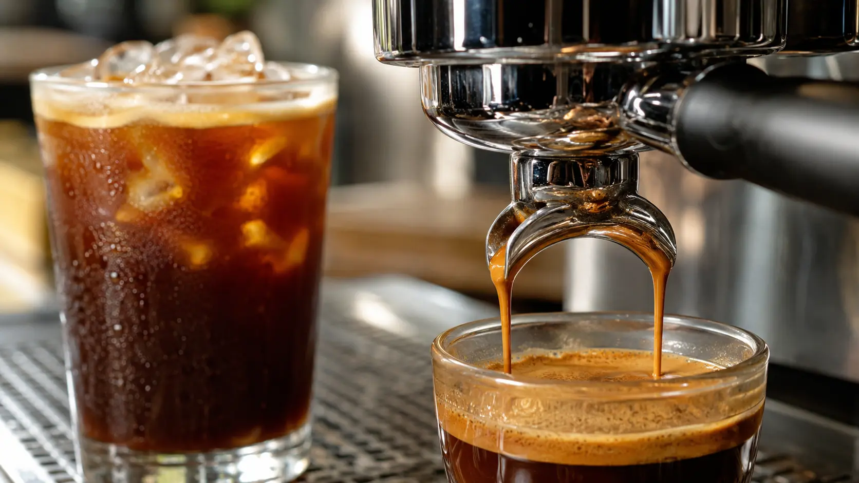 Double espresso being pulled for a measured iced Americano