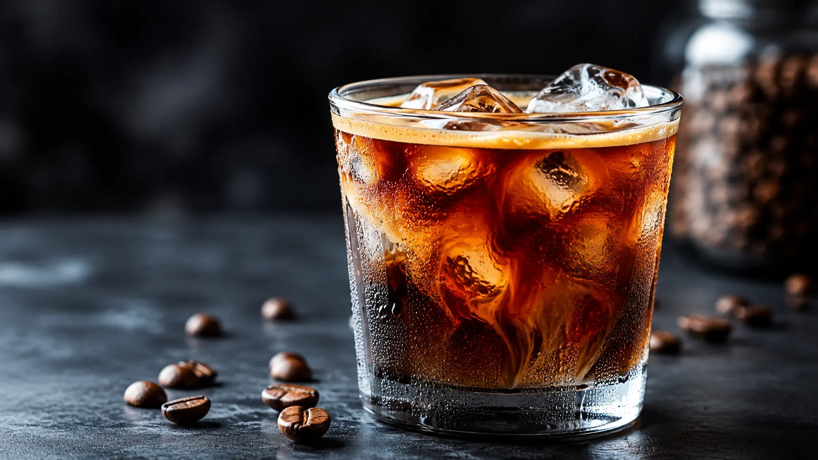Iced Americano with espresso mixing into measured cold water and ice