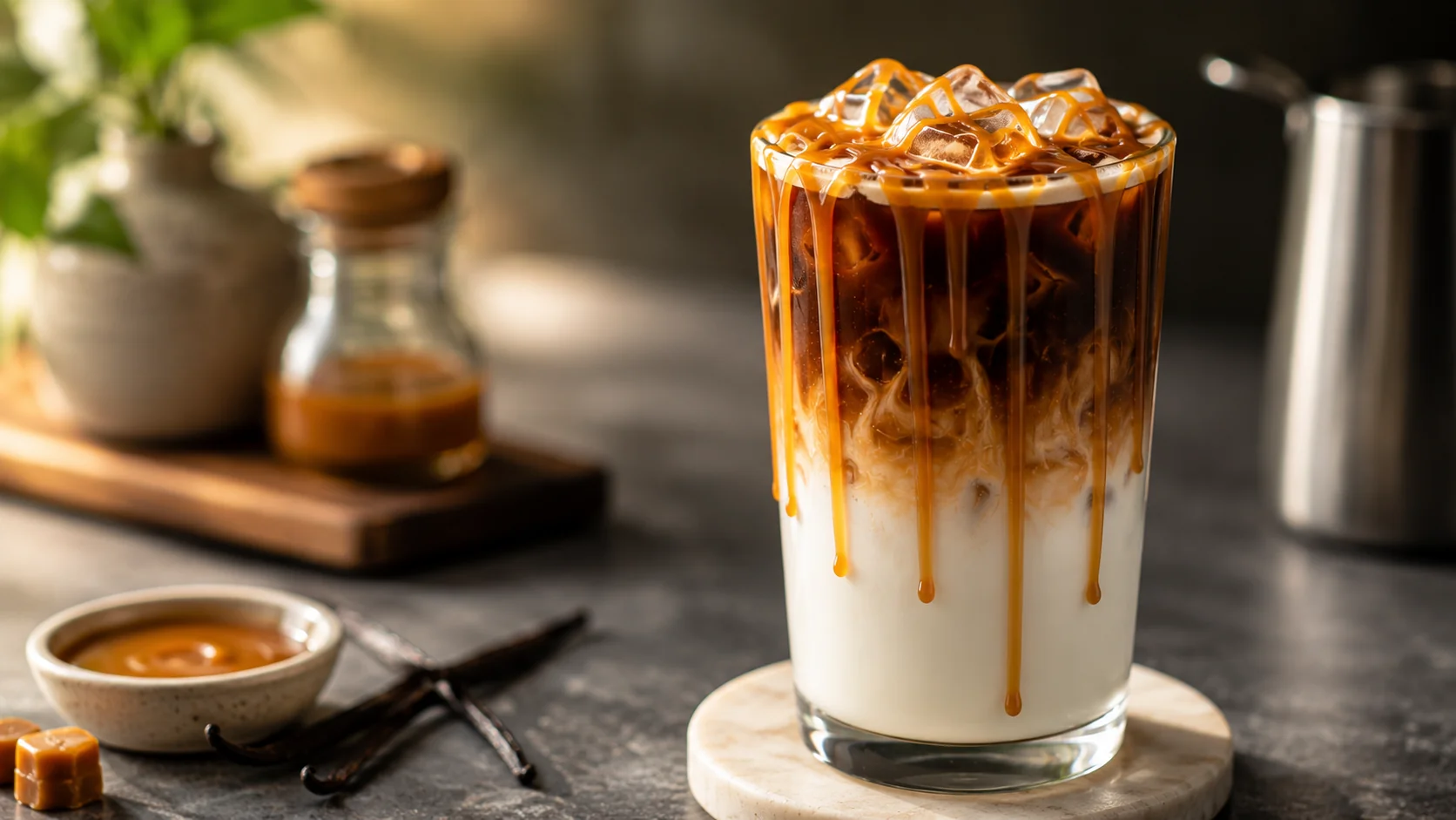 Layered iced caramel macchiato with vanilla milk, espresso and caramel sauce