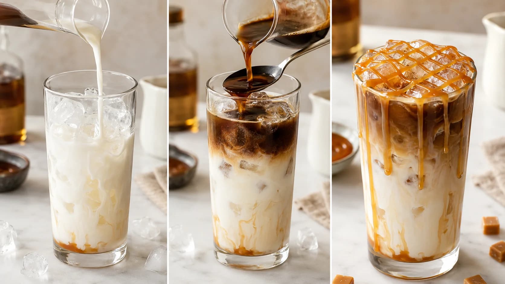 Measured iced caramel macchiato assembly with vanilla syrup, milk, ice, espresso and caramel