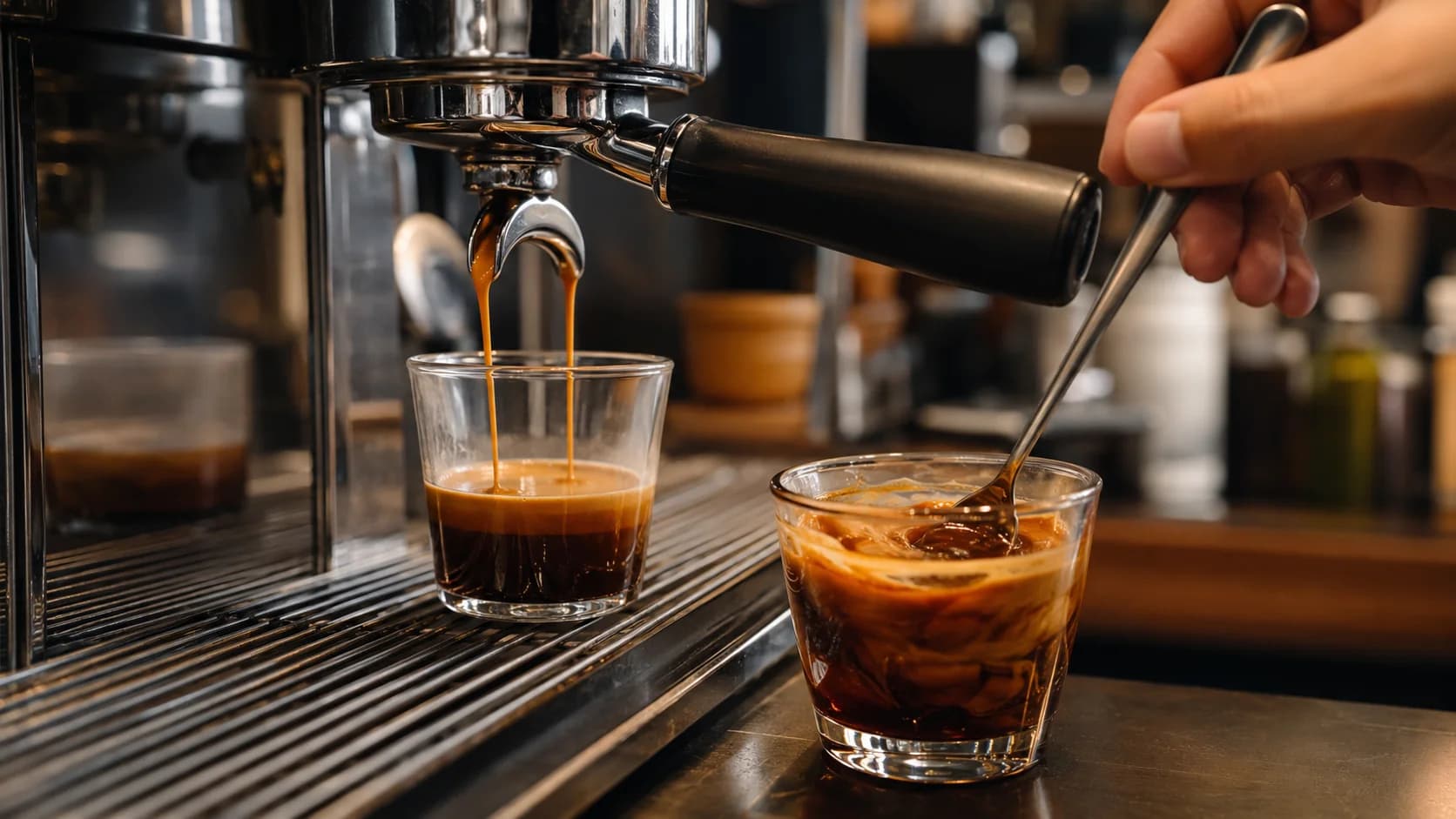 Double espresso being prepared beside a small glass filled with measured ice