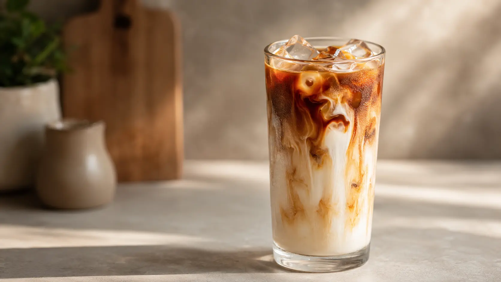 Double espresso swirling through cold milk and ice in a tall iced latte