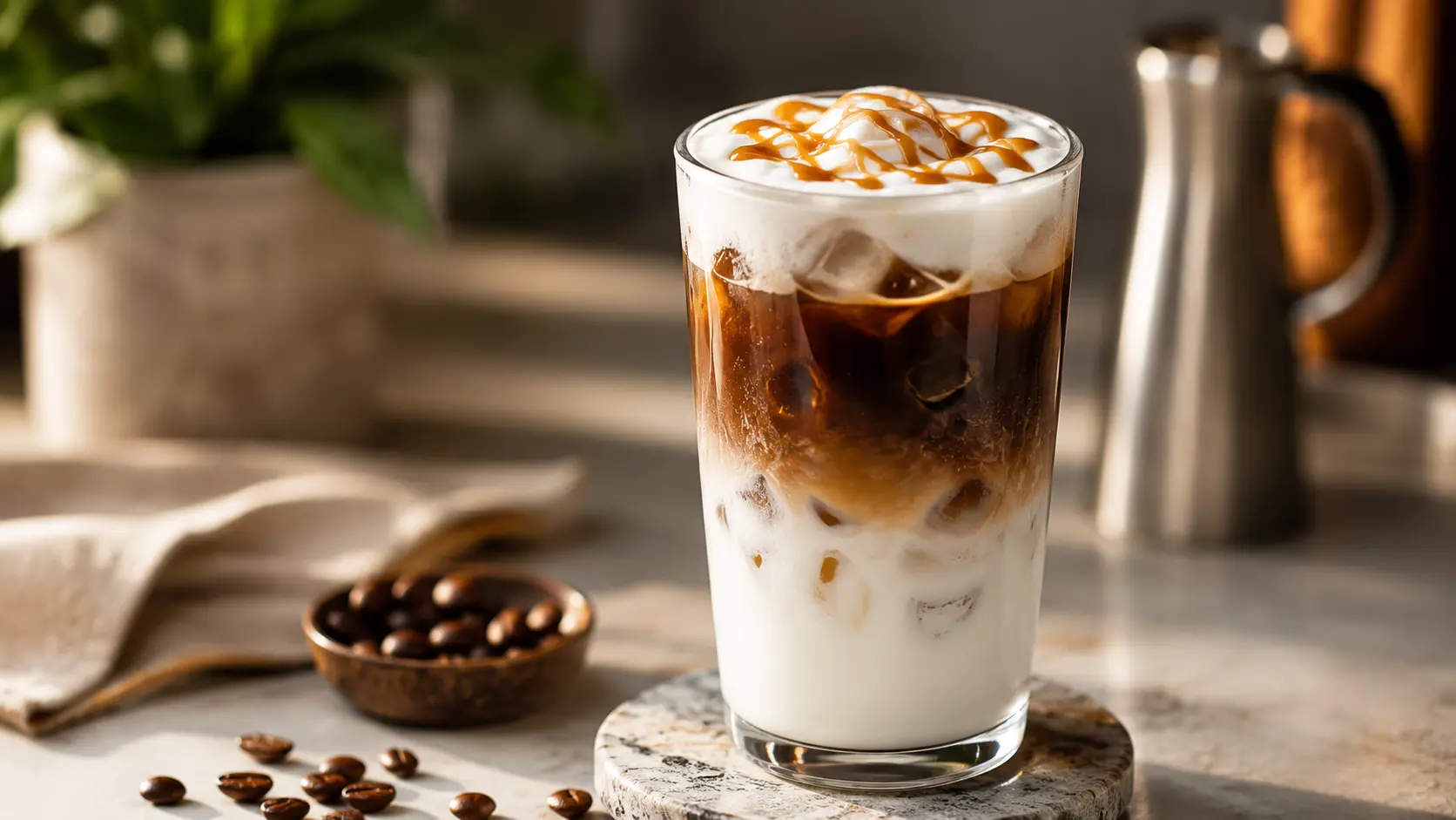 Iced latte macchiato with layered milk, espresso, foam, and caramel in a tall glass