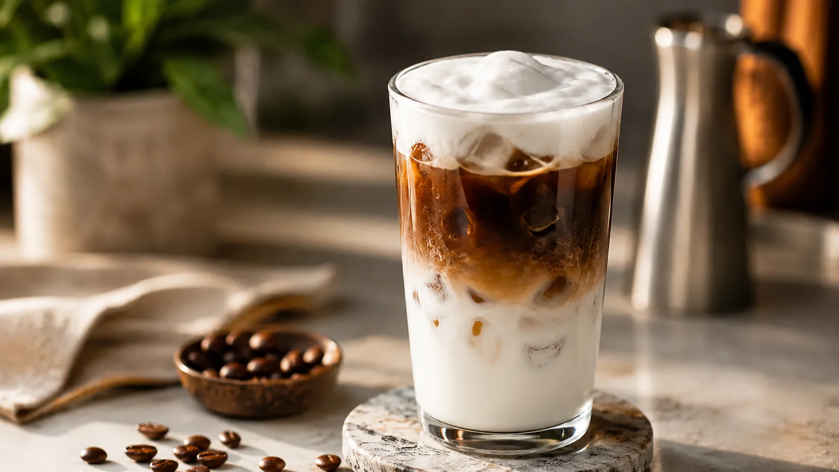 Plain iced latte macchiato layered with cold milk, ice, espresso and white foam in a tall glass