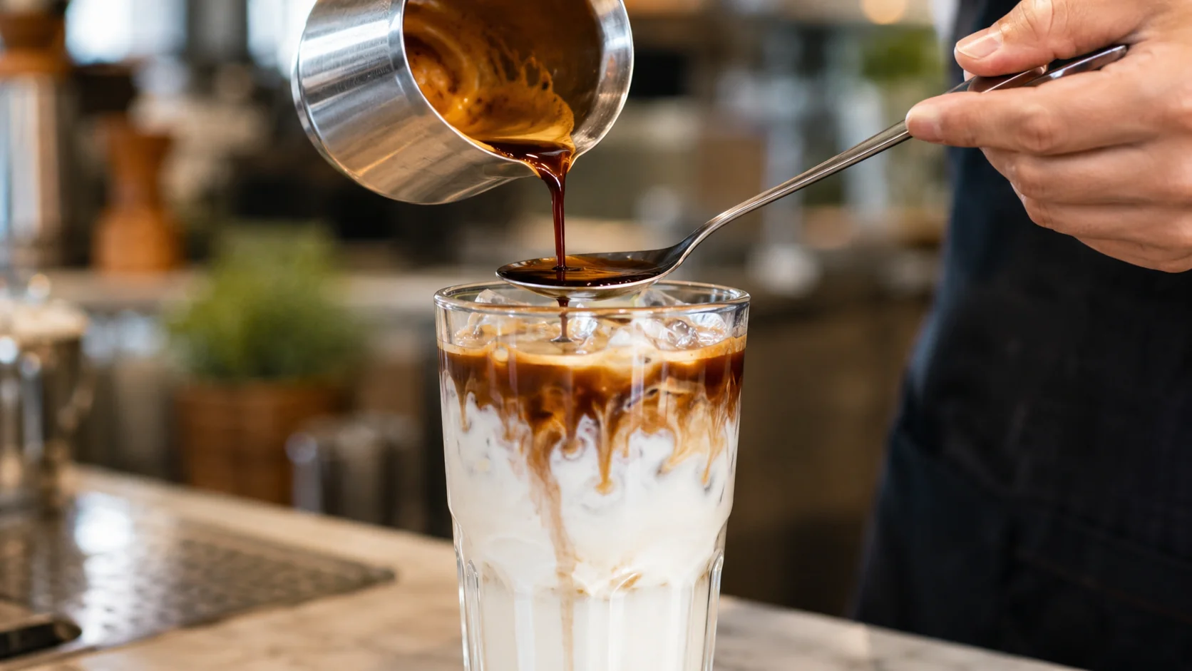 Espresso poured over the back of a spoon onto milk and ice for iced macchiato