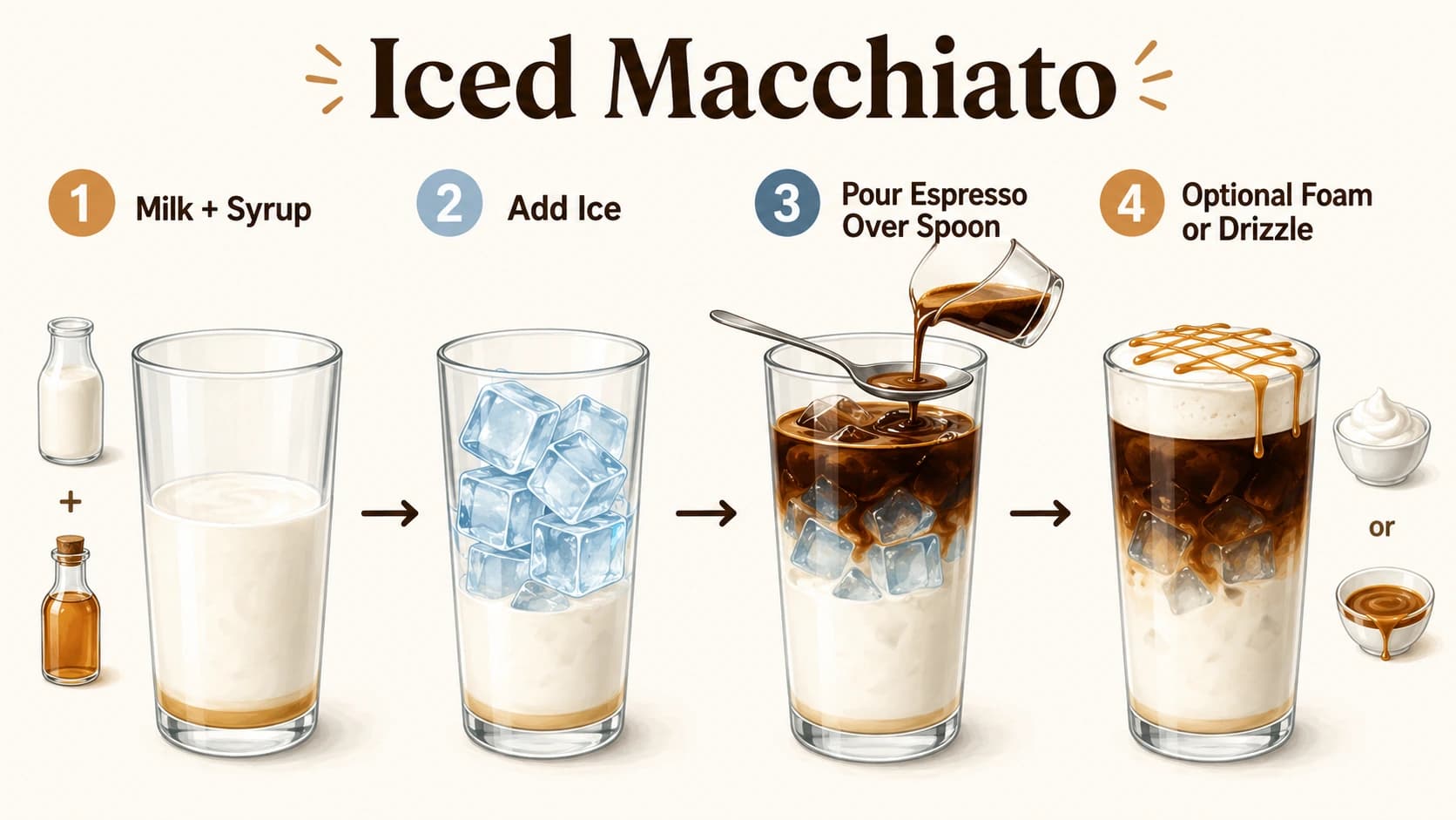 Iced macchiato infographic showing milk and syrup, ice, espresso poured over a spoon, and optional foam or drizzle
