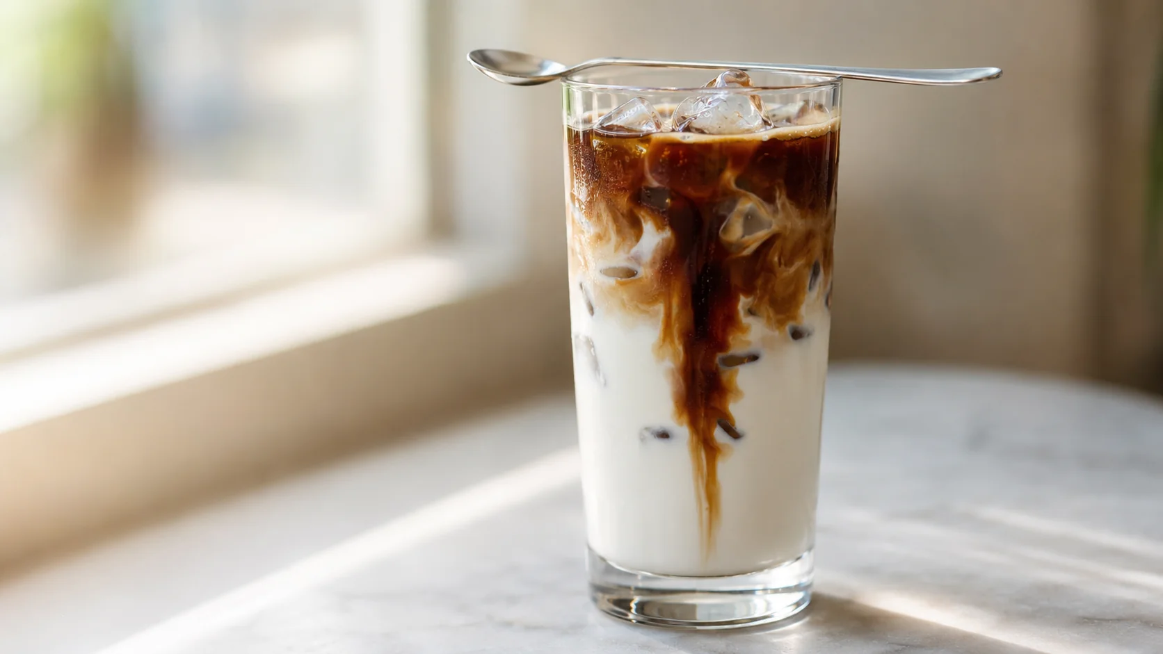 Iced macchiato with cold milk, ice, and espresso layered in a clear glass