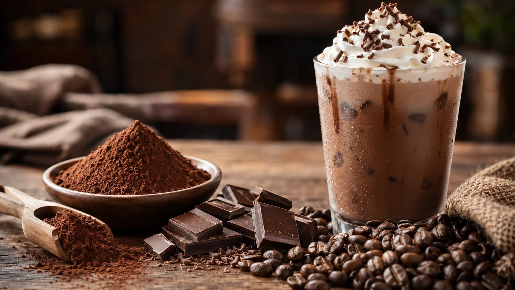 Unsweetened cocoa, espresso and coffee beans for a measured iced mocha