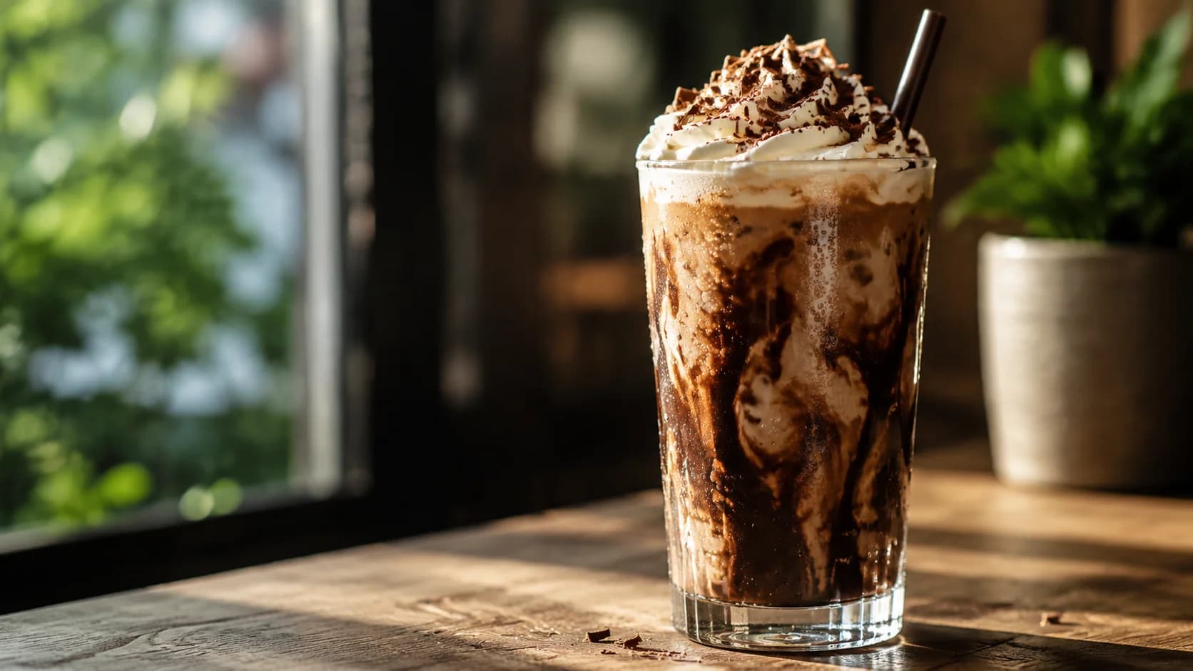 Iced mocha with espresso, cocoa, cold milk, ice and optional whipped cream