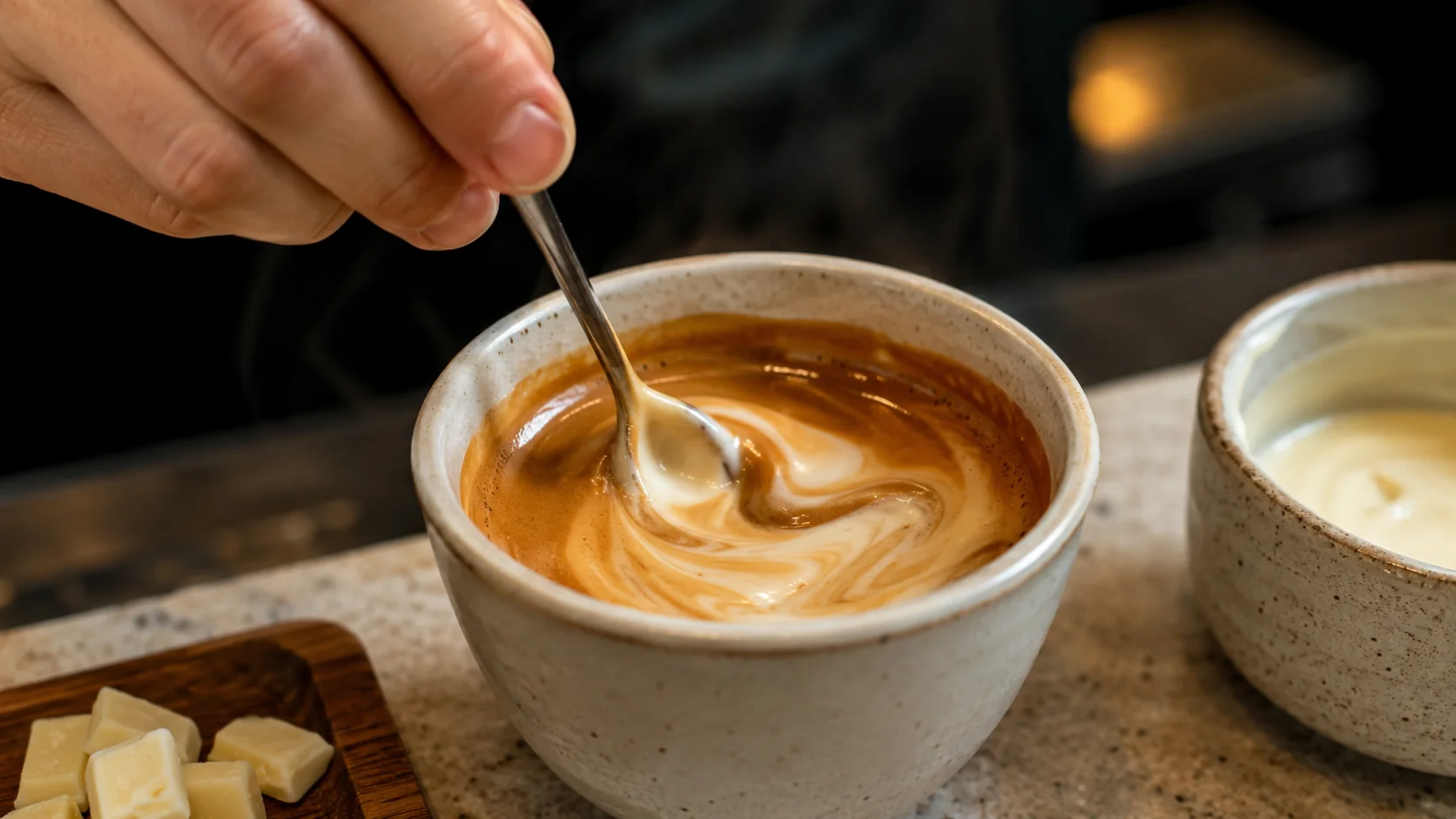 Hot espresso melting finely chopped white chocolate into a smooth mocha base