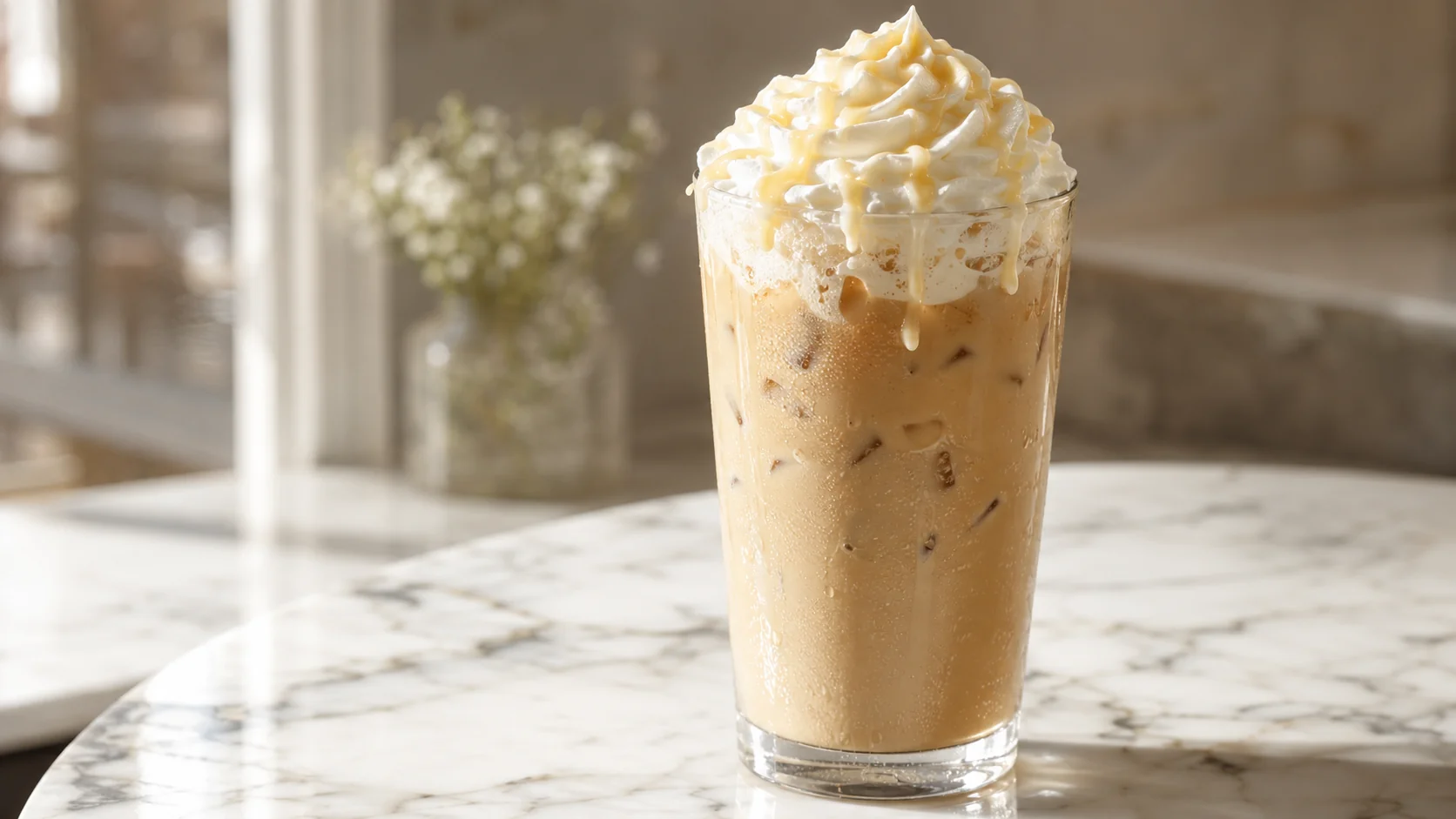 Iced white mocha with melted white chocolate, espresso, cold milk, ice and optional whipped cream