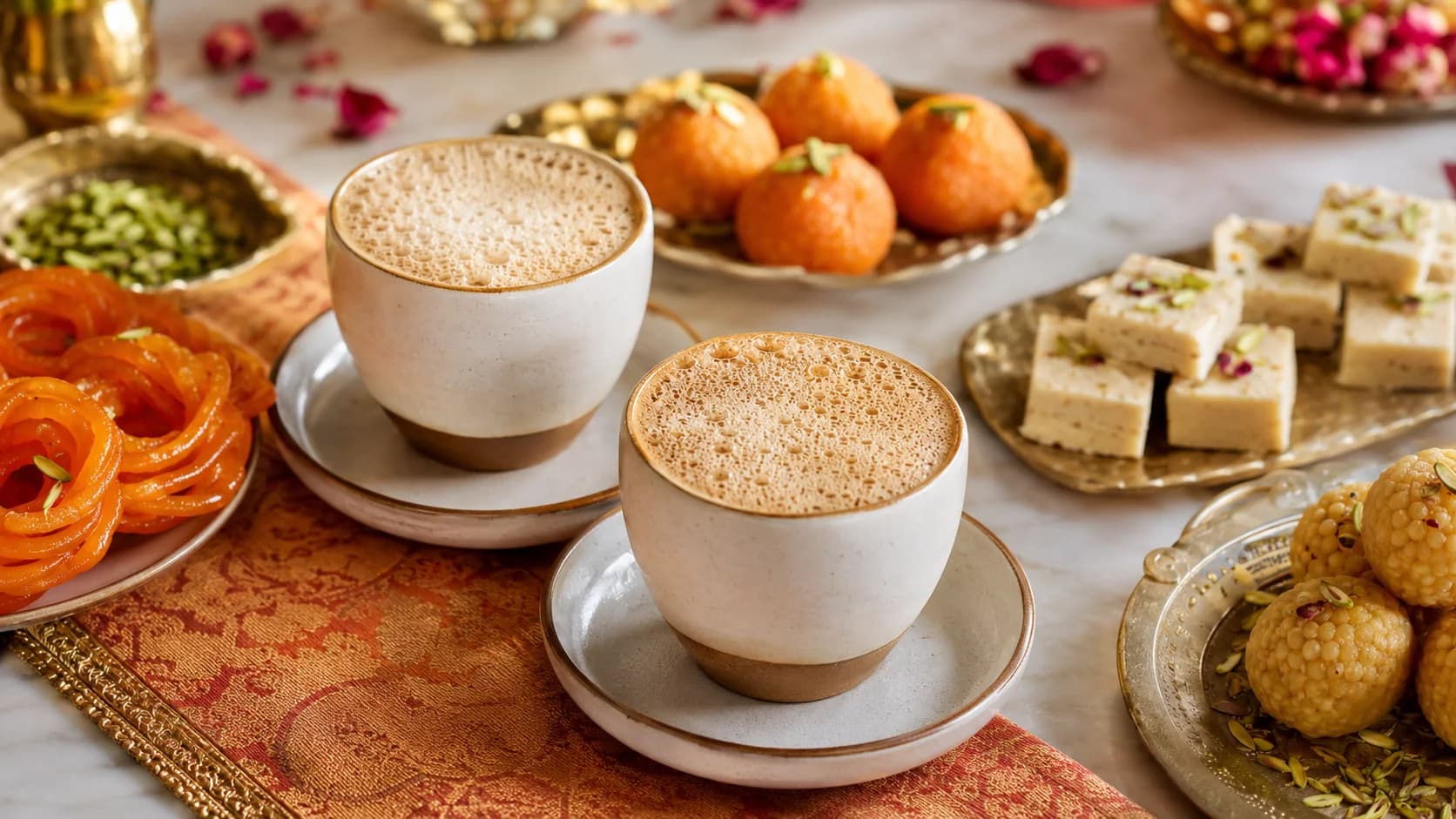 Indian beaten coffee served with pastries on a cafe table