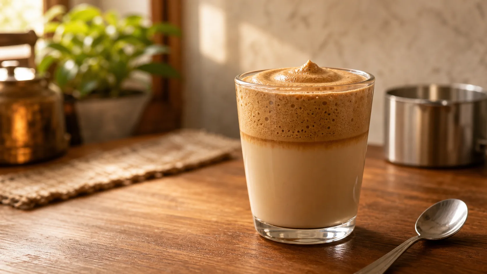 Indian beaten coffee in a glass with thick whipped coffee foam over milk