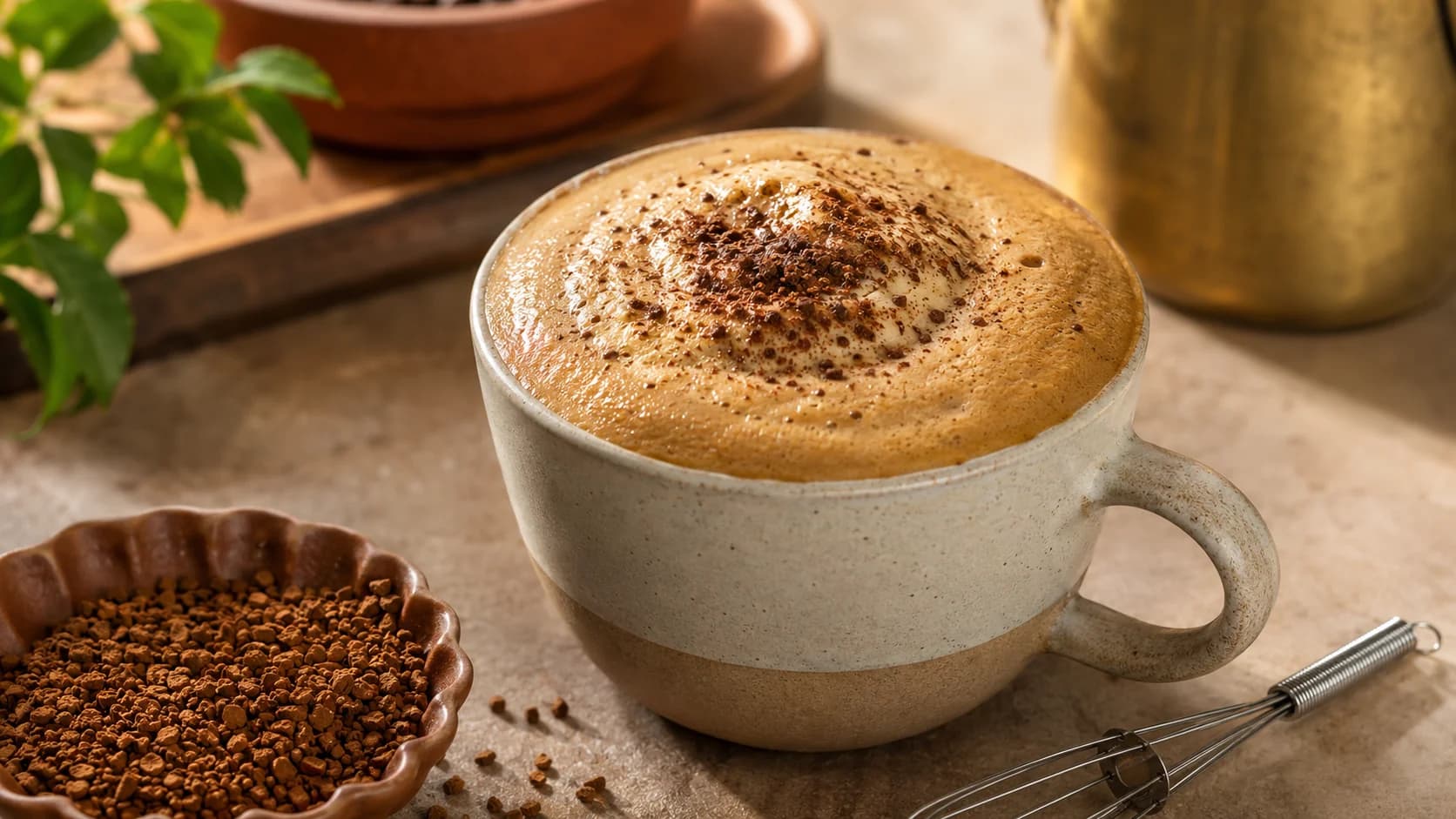 Indian beaten coffee with thick whipped foam in a glass cup