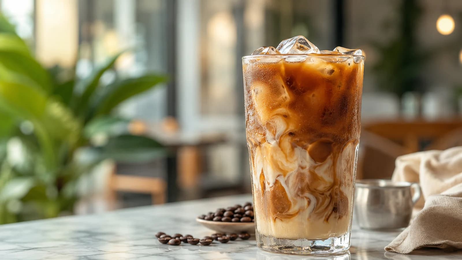 Iced Ipoh white coffee with milk swirls in a modern cafe glass