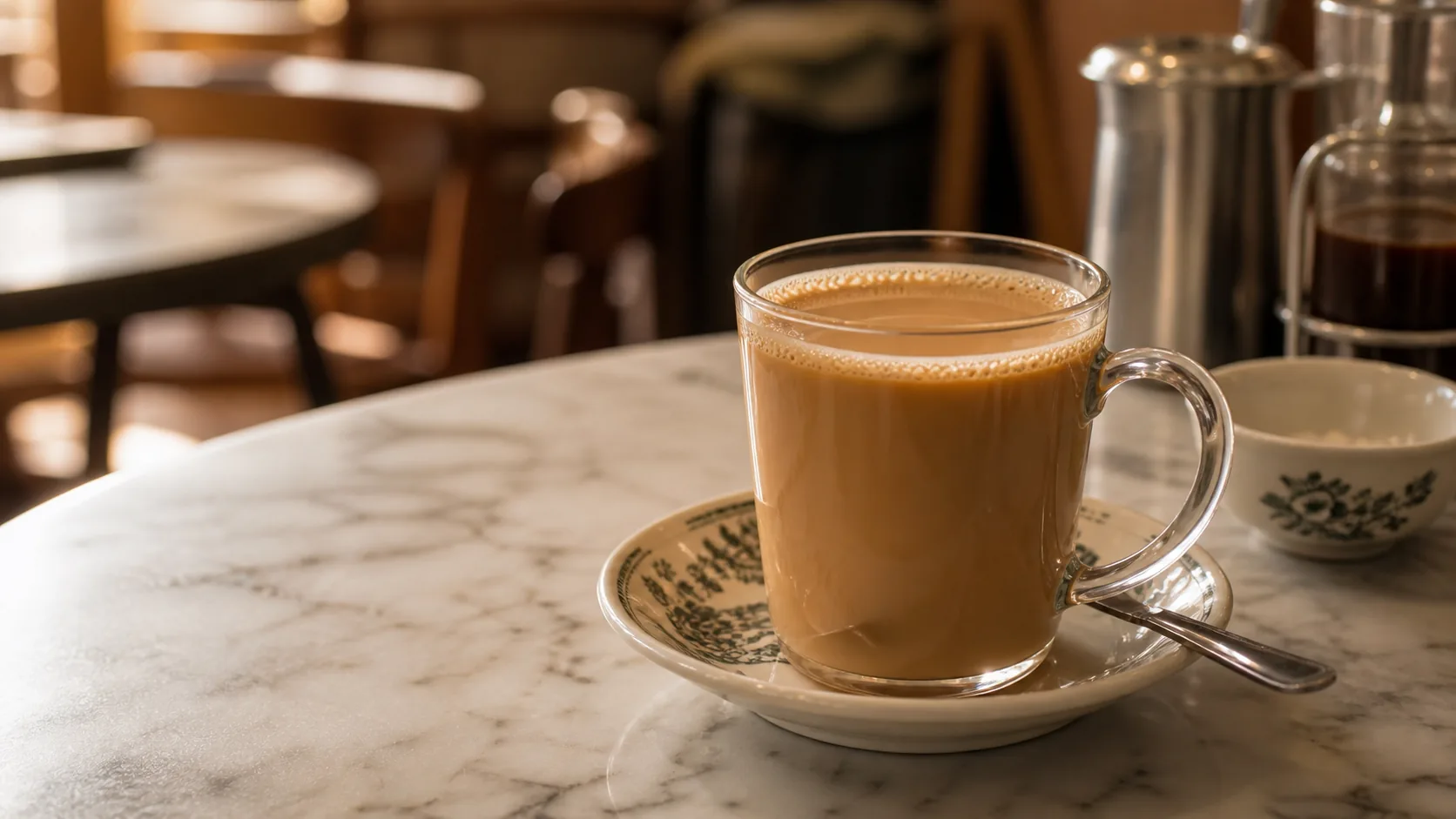 Ipoh white coffee in a glass mug on a kopitiam style marble table