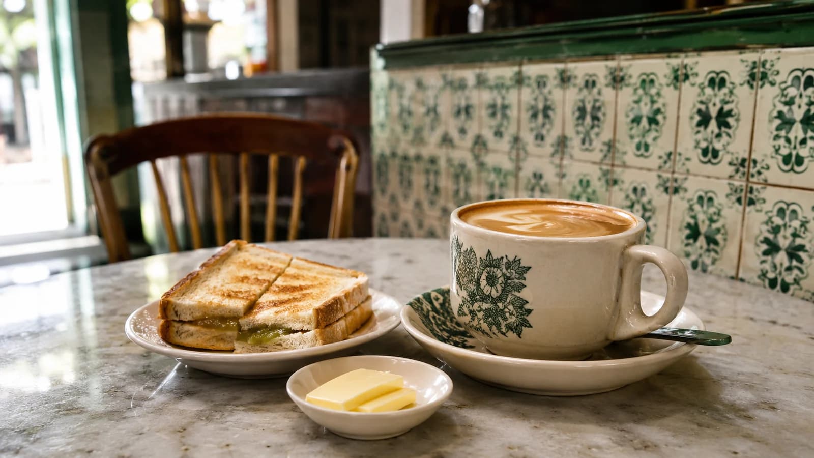 Ipoh white coffee with kaya toast on a kopitiam marble table