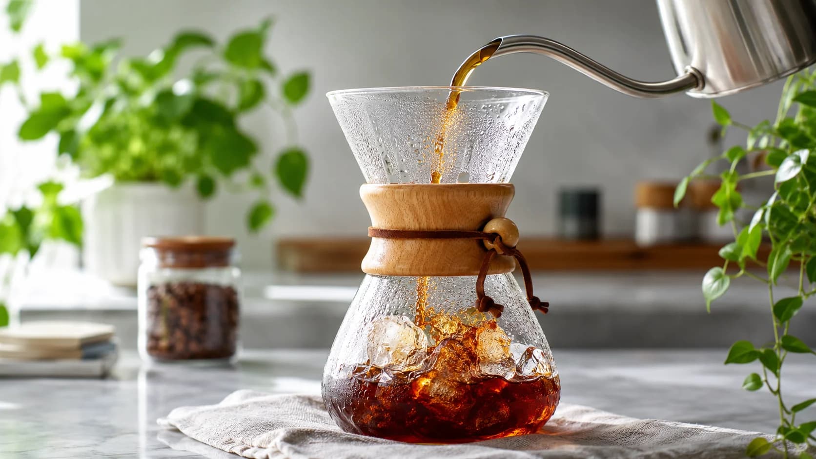 Hot water being poured through coffee into a server containing measured ice