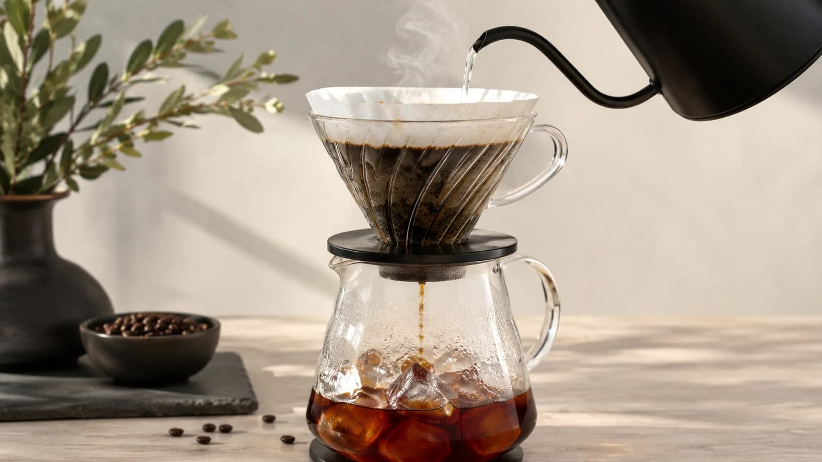 Japanese iced coffee brewing through a V60 dripper onto measured ice