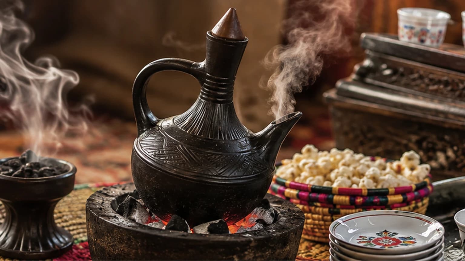 Black clay jebena coffee pot steaming over charcoal with cups and popcorn