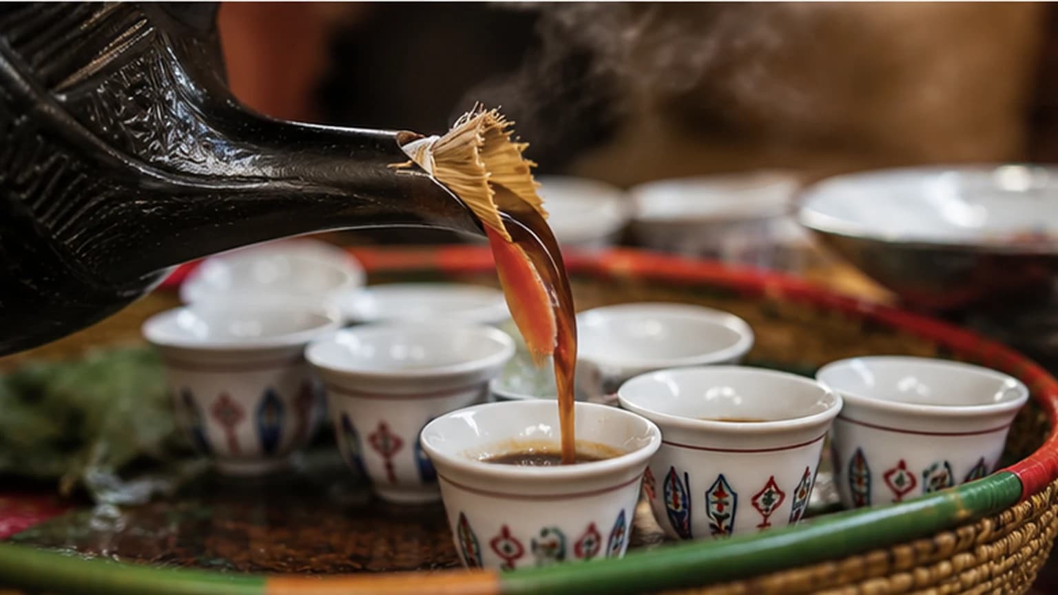 Jebena coffee pouring through a straw filter into small patterned cups