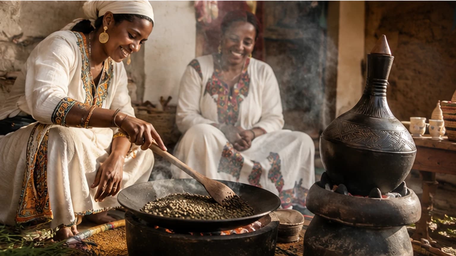 Women roasting green coffee beans beside a clay jebena during an Ethiopian coffee ceremony