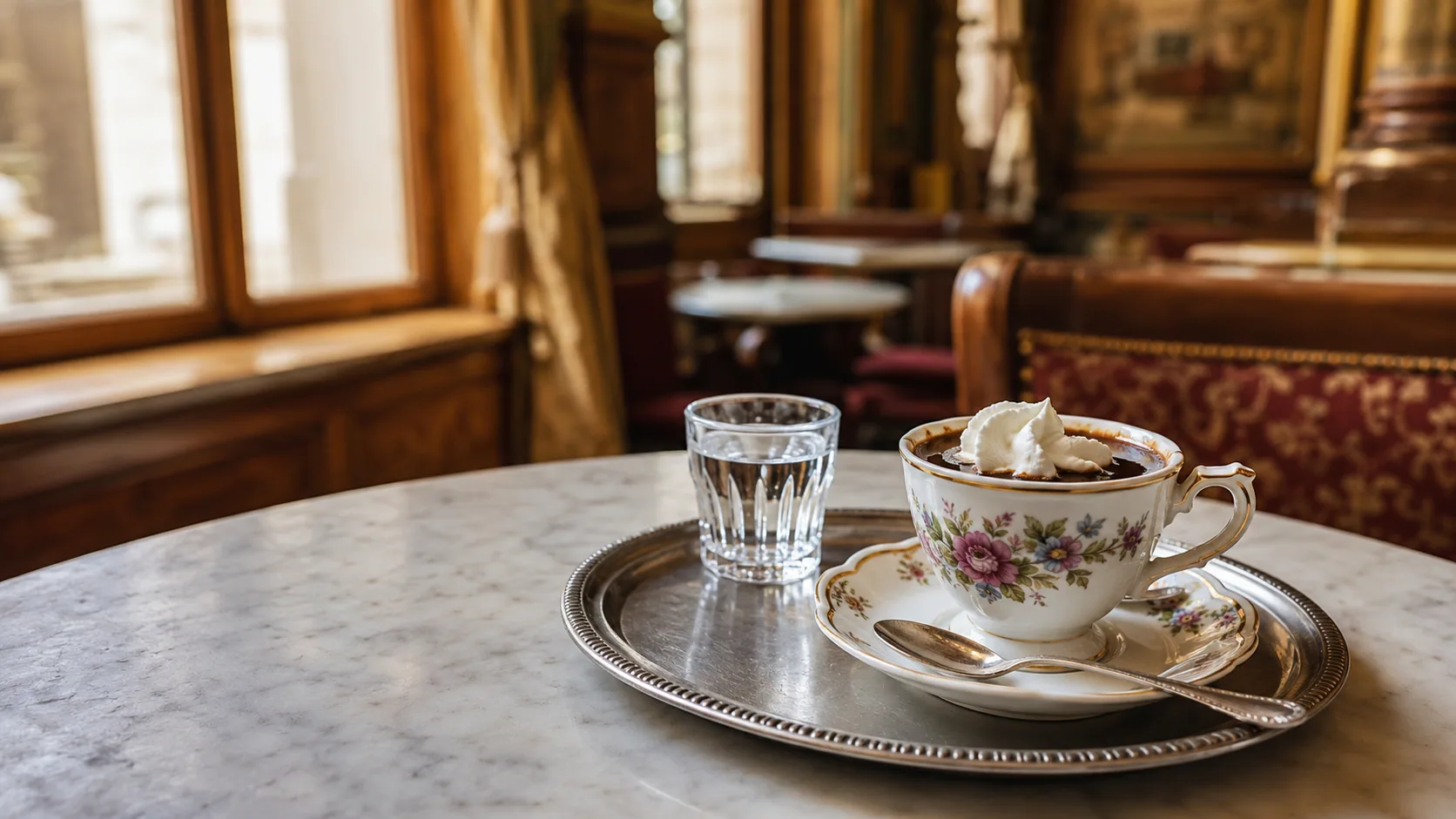 Kapuziner coffee with whipped cream served on a tray in a classic Vienna coffee house